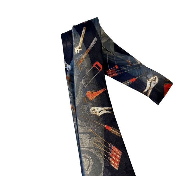 Novelty Necktie Mens Tools Print Blue Gray Polyester Career Workwear Tie Vintage - Picture 5 of 8